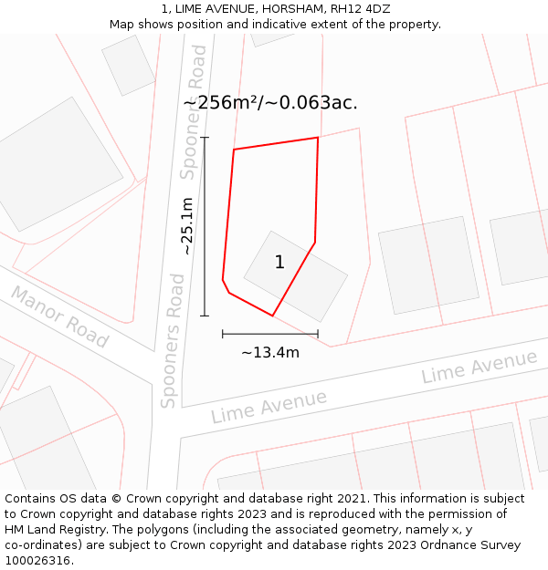 1, LIME AVENUE, HORSHAM, RH12 4DZ: Plot and title map