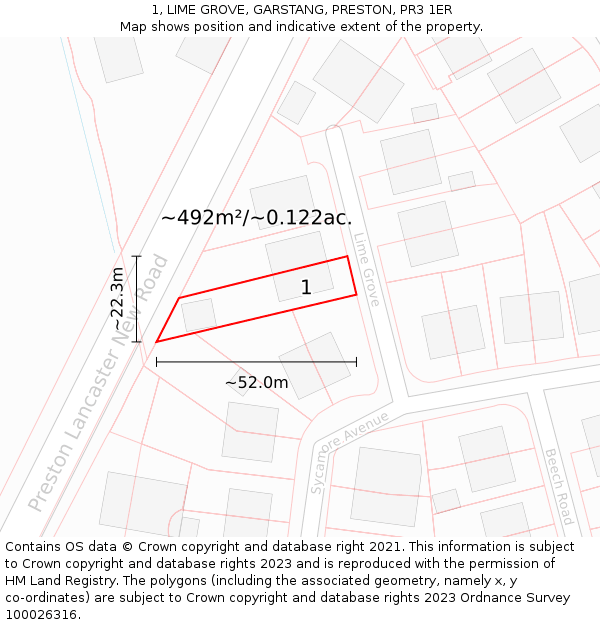 1, LIME GROVE, GARSTANG, PRESTON, PR3 1ER: Plot and title map