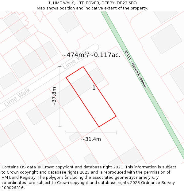 1, LIME WALK, LITTLEOVER, DERBY, DE23 6BD: Plot and title map