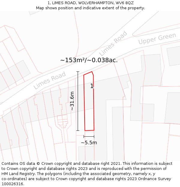 1, LIMES ROAD, WOLVERHAMPTON, WV6 8QZ: Plot and title map