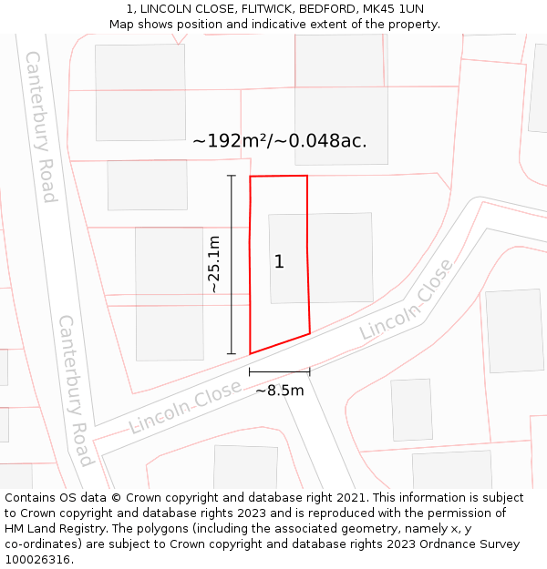 1, LINCOLN CLOSE, FLITWICK, BEDFORD, MK45 1UN: Plot and title map