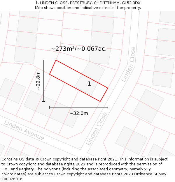 1, LINDEN CLOSE, PRESTBURY, CHELTENHAM, GL52 3DX: Plot and title map