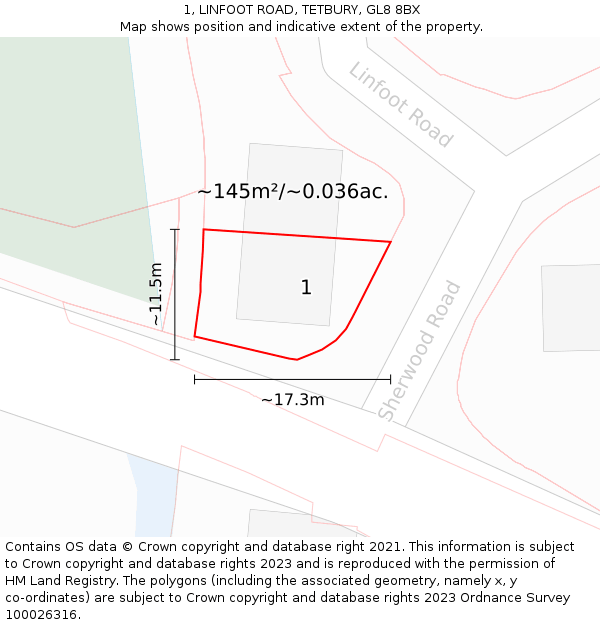 1, LINFOOT ROAD, TETBURY, GL8 8BX: Plot and title map