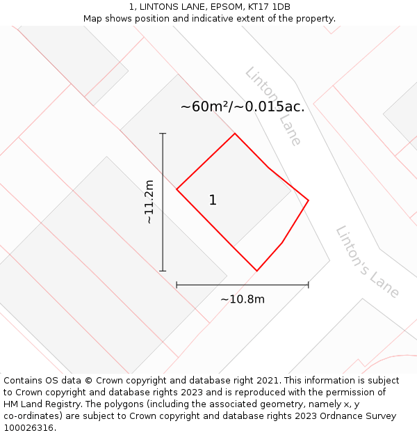 1, LINTONS LANE, EPSOM, KT17 1DB: Plot and title map