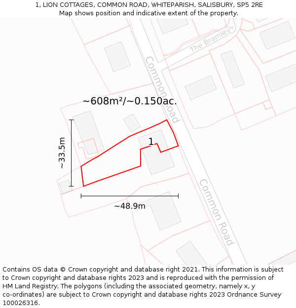 1, LION COTTAGES, COMMON ROAD, WHITEPARISH, SALISBURY, SP5 2RE: Plot and title map