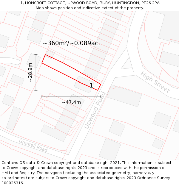 1, LIONCROFT COTTAGE, UPWOOD ROAD, BURY, HUNTINGDON, PE26 2PA: Plot and title map