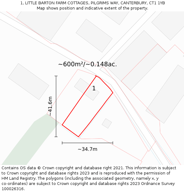 1, LITTLE BARTON FARM COTTAGES, PILGRIMS WAY, CANTERBURY, CT1 1YB: Plot and title map