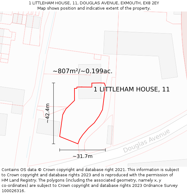 1 LITTLEHAM HOUSE, 11, DOUGLAS AVENUE, EXMOUTH, EX8 2EY: Plot and title map