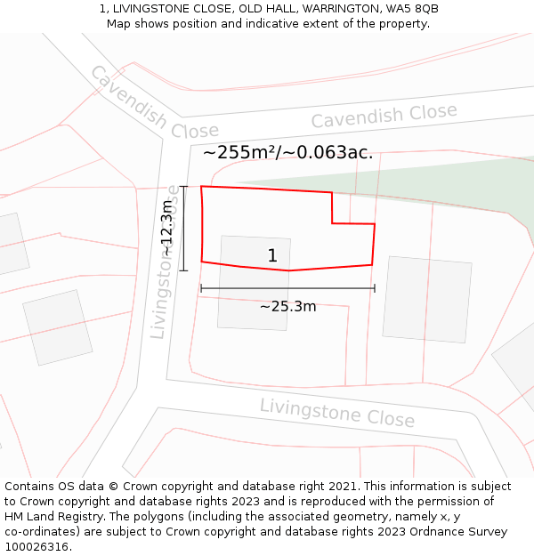 1, LIVINGSTONE CLOSE, OLD HALL, WARRINGTON, WA5 8QB: Plot and title map