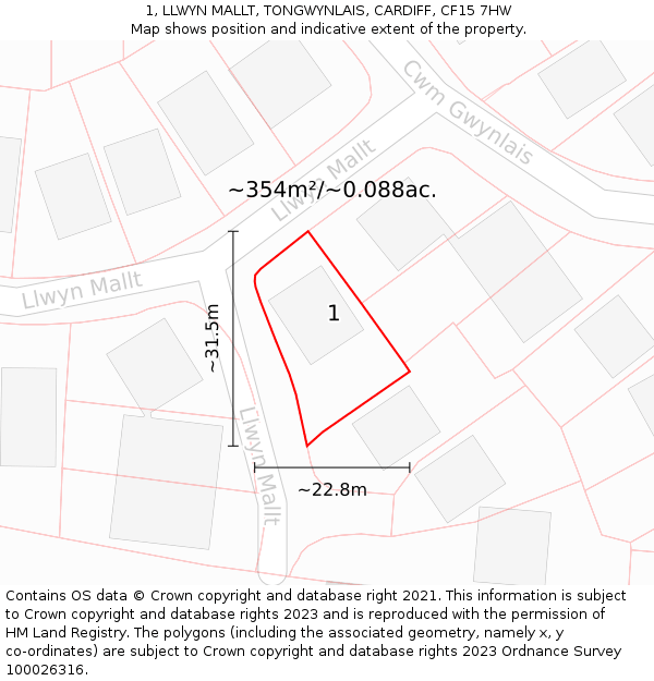 1, LLWYN MALLT, TONGWYNLAIS, CARDIFF, CF15 7HW: Plot and title map