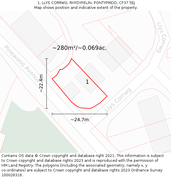 1, LLYS CORRWG, RHYDYFELIN, PONTYPRIDD, CF37 5EJ: Plot and title map