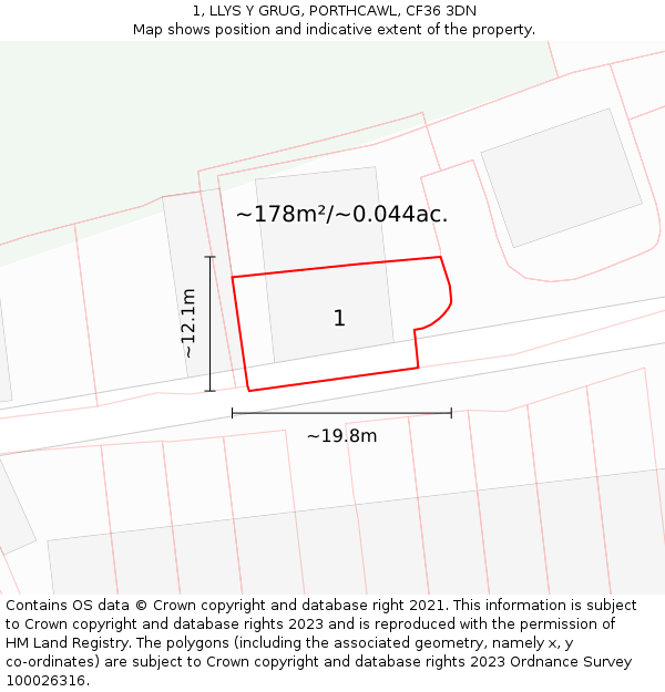 1, LLYS Y GRUG, PORTHCAWL, CF36 3DN: Plot and title map