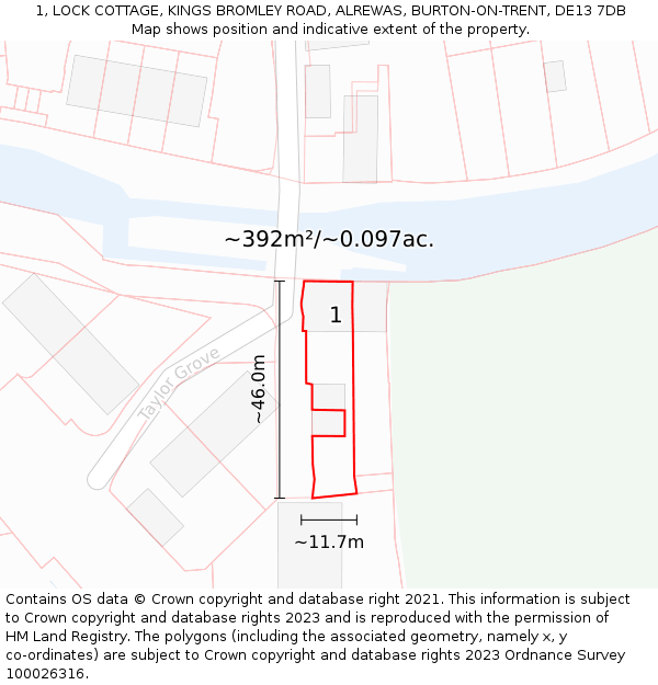 1, LOCK COTTAGE, KINGS BROMLEY ROAD, ALREWAS, BURTON-ON-TRENT, DE13 7DB: Plot and title map