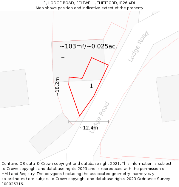 1, LODGE ROAD, FELTWELL, THETFORD, IP26 4DL: Plot and title map