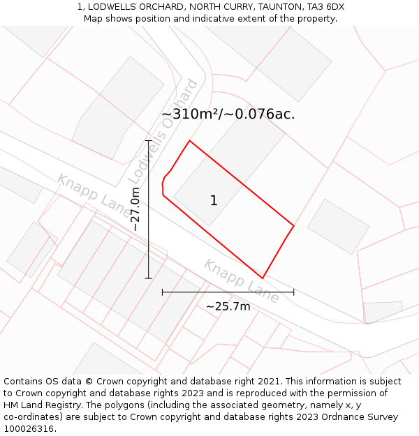 1, LODWELLS ORCHARD, NORTH CURRY, TAUNTON, TA3 6DX: Plot and title map