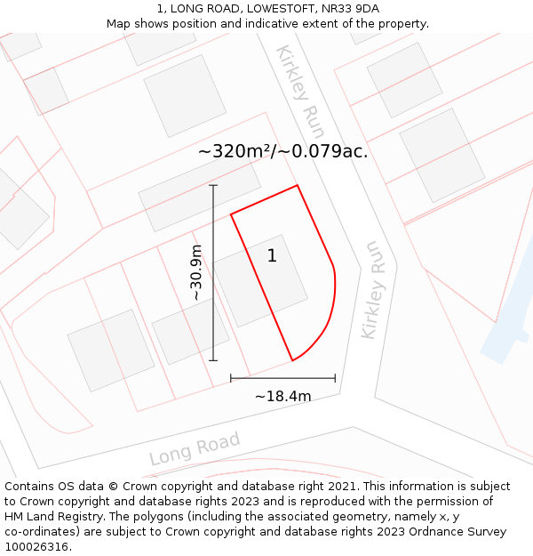 1, LONG ROAD, LOWESTOFT, NR33 9DA: Plot and title map