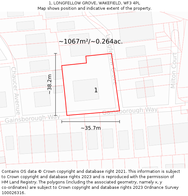 1, LONGFELLOW GROVE, WAKEFIELD, WF3 4PL: Plot and title map