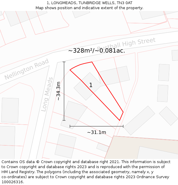 1, LONGMEADS, TUNBRIDGE WELLS, TN3 0AT: Plot and title map