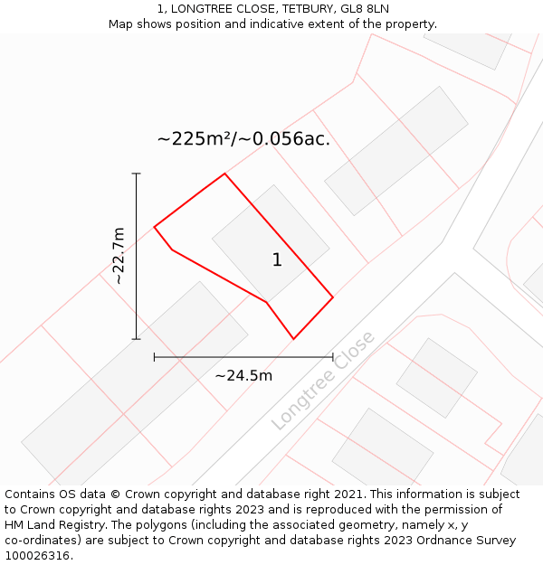 1, LONGTREE CLOSE, TETBURY, GL8 8LN: Plot and title map