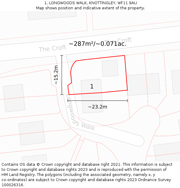 1, LONGWOODS WALK, KNOTTINGLEY, WF11 9AU: Plot and title map