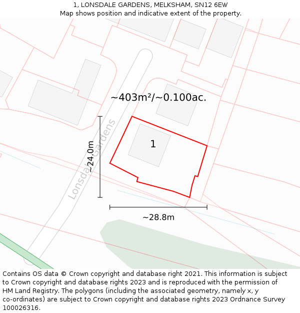 1, LONSDALE GARDENS, MELKSHAM, SN12 6EW: Plot and title map