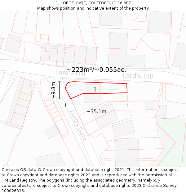 1, LORDS GATE, COLEFORD, GL16 8RT: Plot and title map