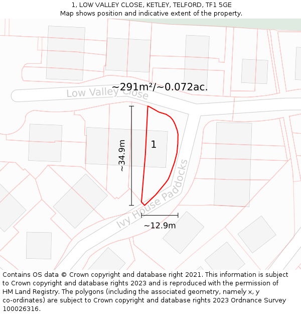 1, LOW VALLEY CLOSE, KETLEY, TELFORD, TF1 5GE: Plot and title map