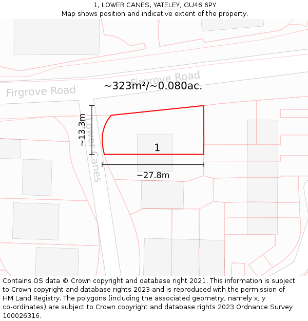 1, LOWER CANES, YATELEY, GU46 6PY: Plot and title map