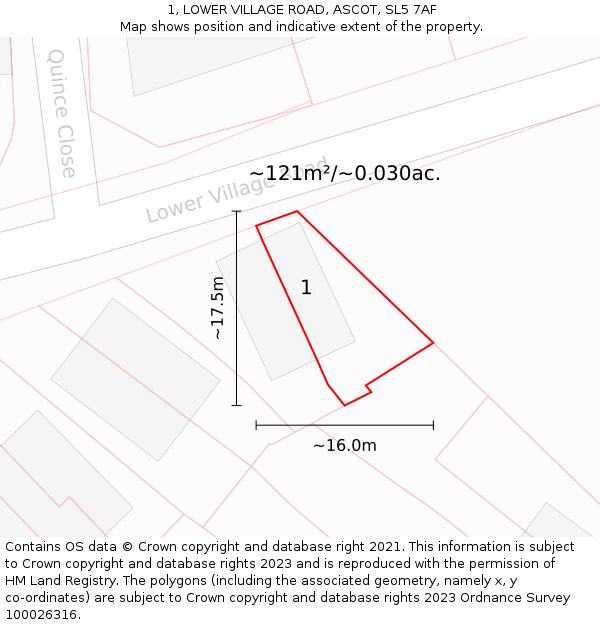 1, LOWER VILLAGE ROAD, ASCOT, SL5 7AF: Plot and title map