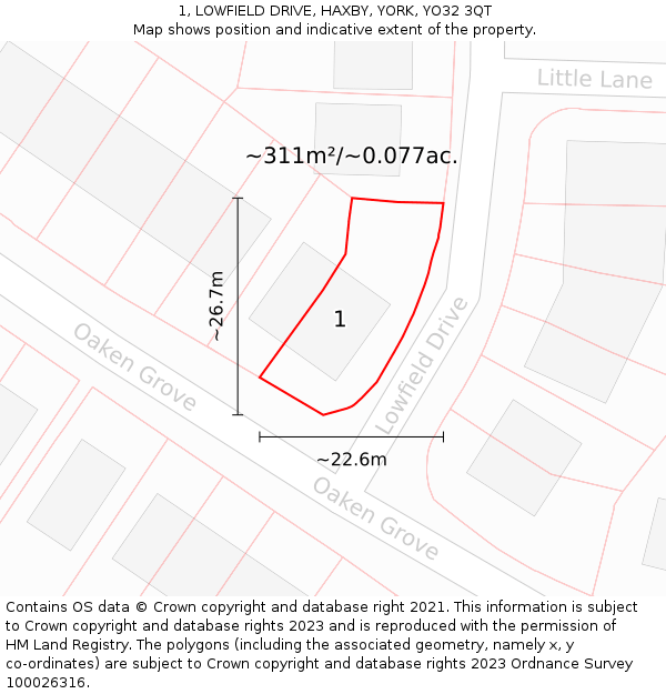 1, LOWFIELD DRIVE, HAXBY, YORK, YO32 3QT: Plot and title map