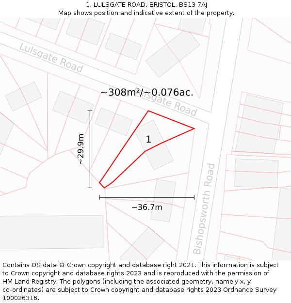 1, LULSGATE ROAD, BRISTOL, BS13 7AJ: Plot and title map