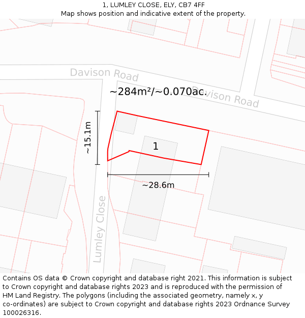 1, LUMLEY CLOSE, ELY, CB7 4FF: Plot and title map