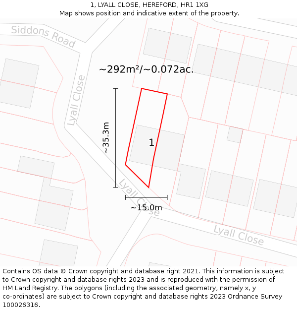 1, LYALL CLOSE, HEREFORD, HR1 1XG: Plot and title map