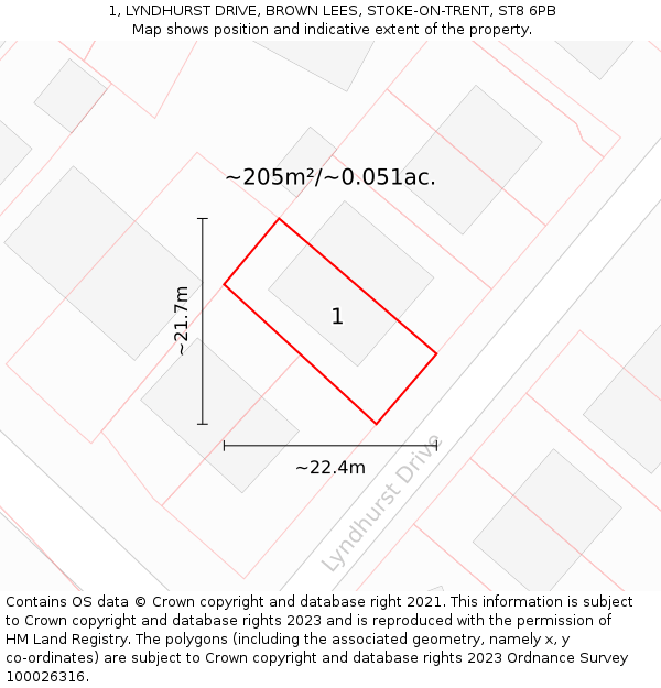 1, LYNDHURST DRIVE, BROWN LEES, STOKE-ON-TRENT, ST8 6PB: Plot and title map