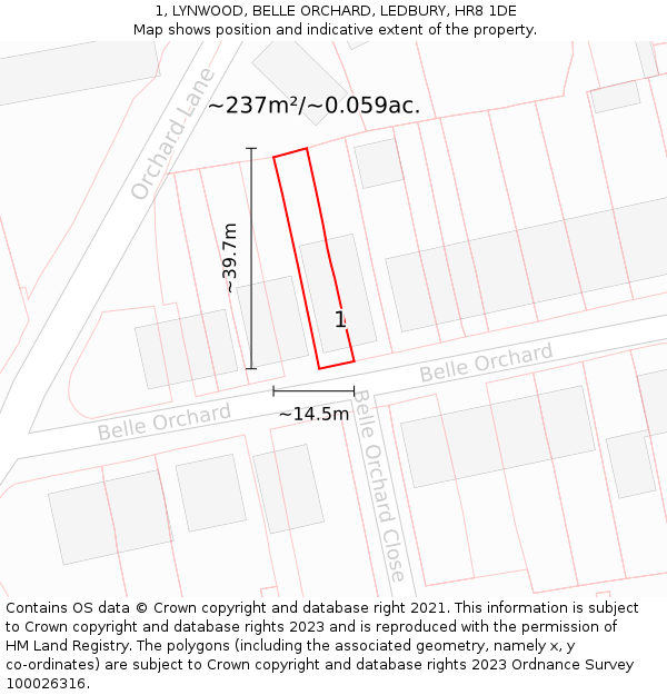 1, LYNWOOD, BELLE ORCHARD, LEDBURY, HR8 1DE: Plot and title map