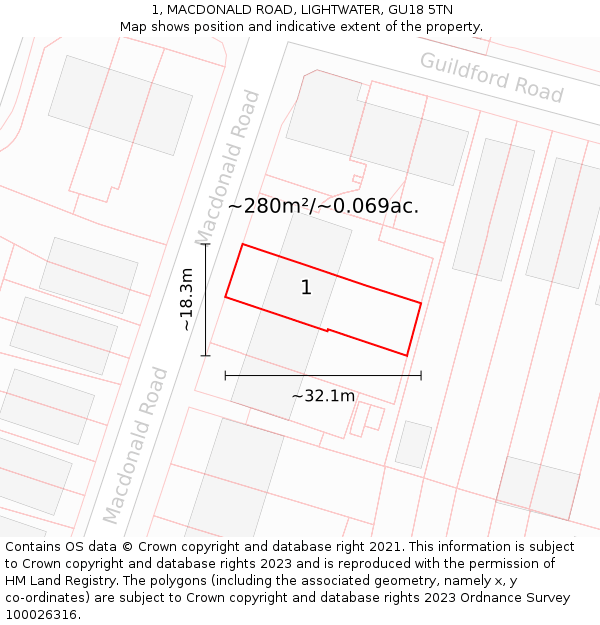 1, MACDONALD ROAD, LIGHTWATER, GU18 5TN: Plot and title map