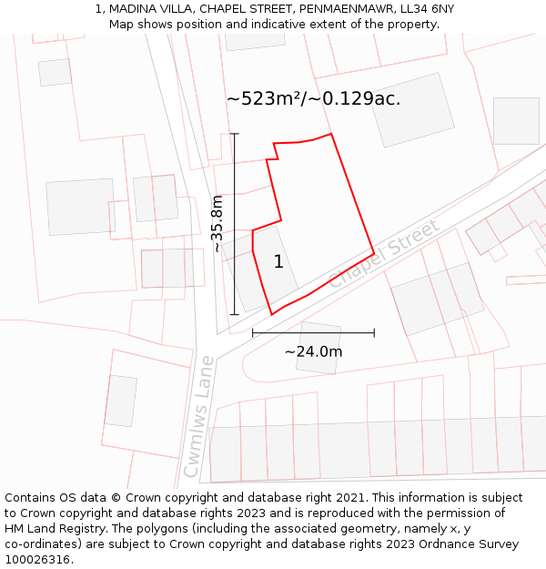 1, MADINA VILLA, CHAPEL STREET, PENMAENMAWR, LL34 6NY: Plot and title map
