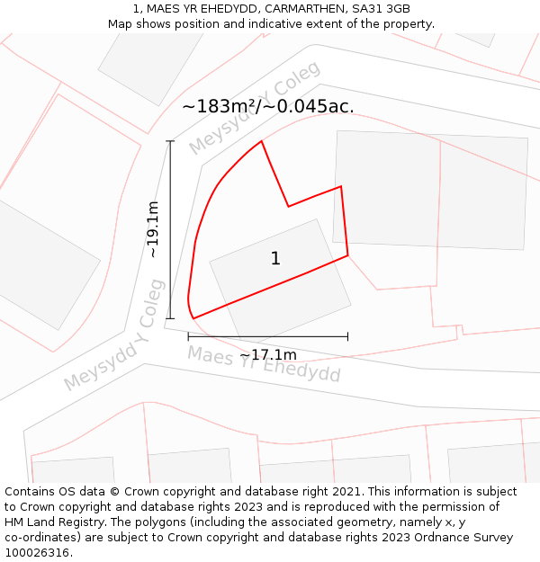 1, MAES YR EHEDYDD, CARMARTHEN, SA31 3GB: Plot and title map