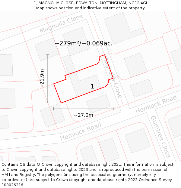 1, MAGNOLIA CLOSE, EDWALTON, NOTTINGHAM, NG12 4GL: Plot and title map