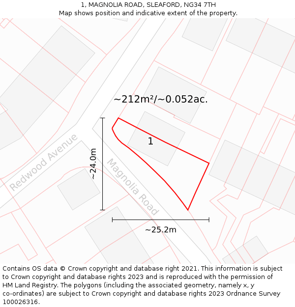 1, MAGNOLIA ROAD, SLEAFORD, NG34 7TH: Plot and title map