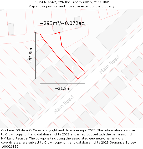 1, MAIN ROAD, TONTEG, PONTYPRIDD, CF38 1PW: Plot and title map