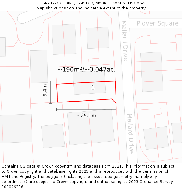 1, MALLARD DRIVE, CAISTOR, MARKET RASEN, LN7 6SA: Plot and title map