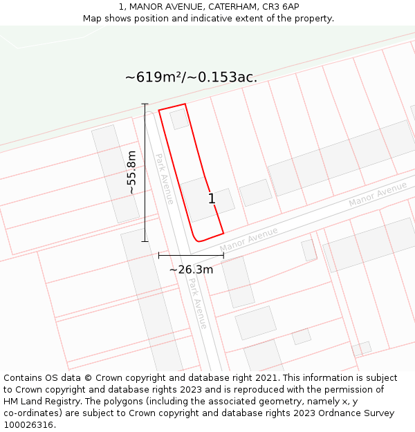 1, MANOR AVENUE, CATERHAM, CR3 6AP: Plot and title map