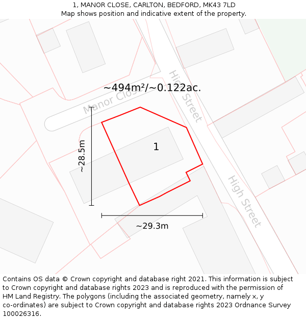 1, MANOR CLOSE, CARLTON, BEDFORD, MK43 7LD: Plot and title map