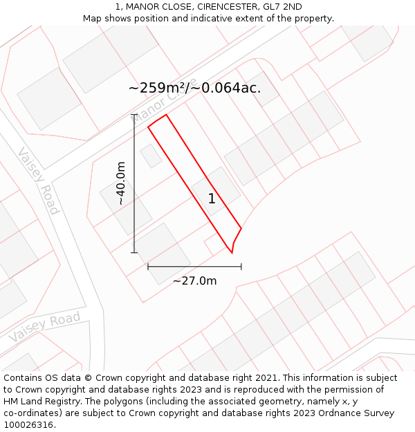 1, MANOR CLOSE, CIRENCESTER, GL7 2ND: Plot and title map