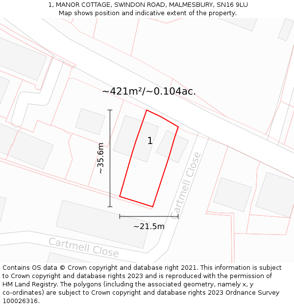 1, MANOR COTTAGE, SWINDON ROAD, MALMESBURY, SN16 9LU: Plot and title map