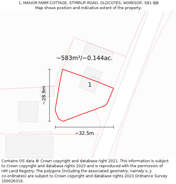 1, MANOR FARM COTTAGE, STYRRUP ROAD, OLDCOTES, WORKSOP, S81 8JB: Plot and title map