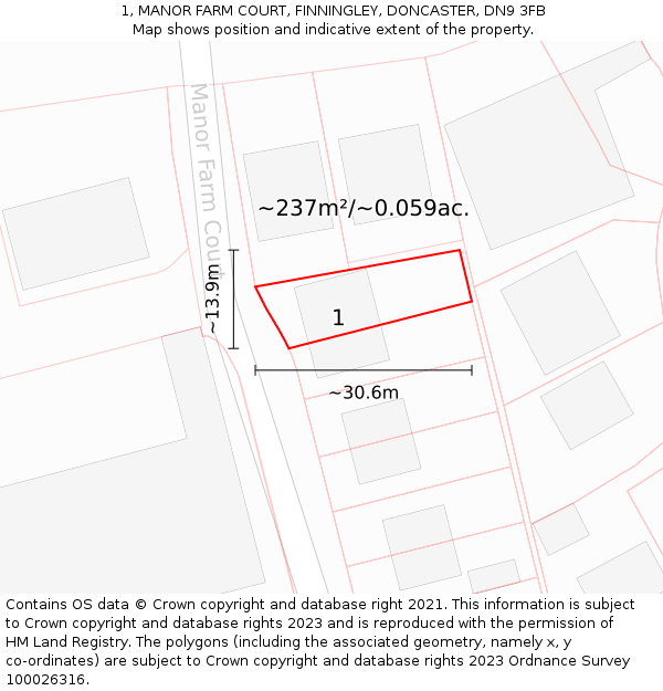 1, MANOR FARM COURT, FINNINGLEY, DONCASTER, DN9 3FB: Plot and title map