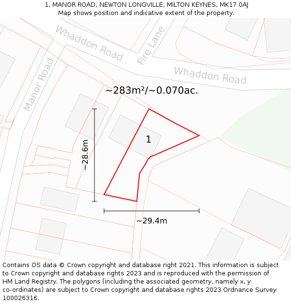 1, MANOR ROAD, NEWTON LONGVILLE, MILTON KEYNES, MK17 0AJ: Plot and title map