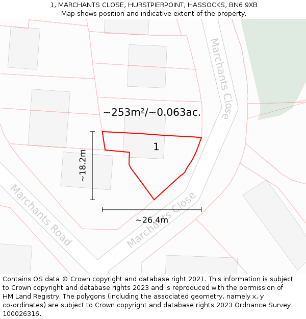 1, MARCHANTS CLOSE, HURSTPIERPOINT, HASSOCKS, BN6 9XB: Plot and title map